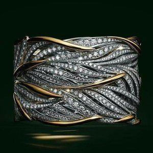 NEW Two Tone Round Diamond Layer Wide Band Ring